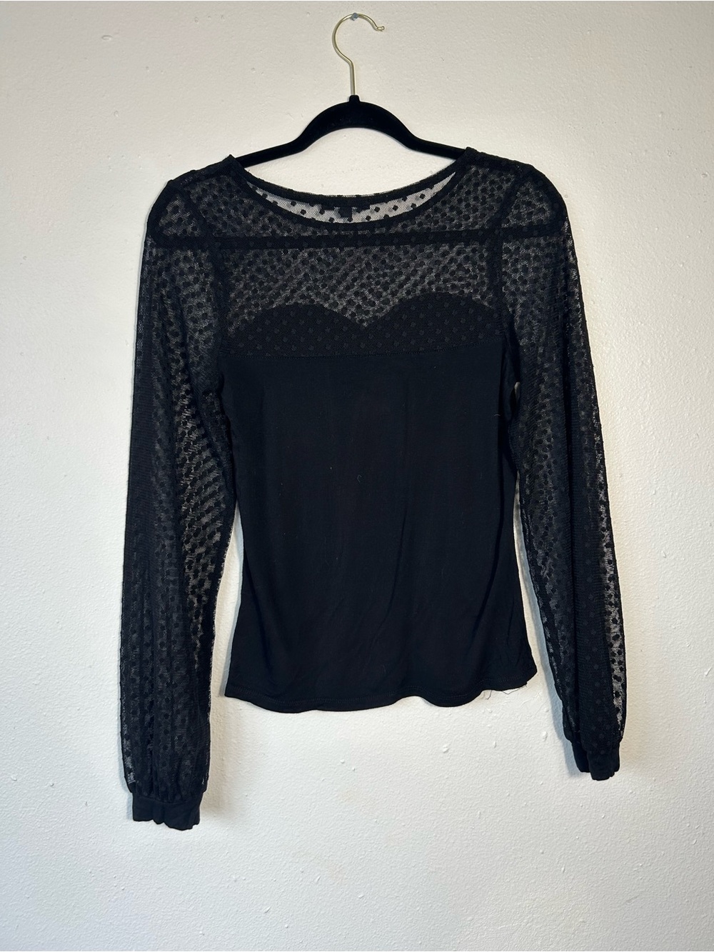 Ambiance Black Mesh Polka Dot Long Sleeve Top Sweetheart Neckline Women's Size L - Picture 6 of 6